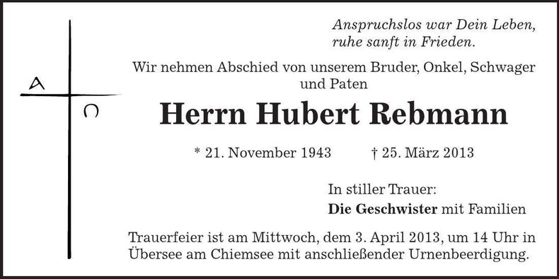 Traueranzeige Hubert Rebmann