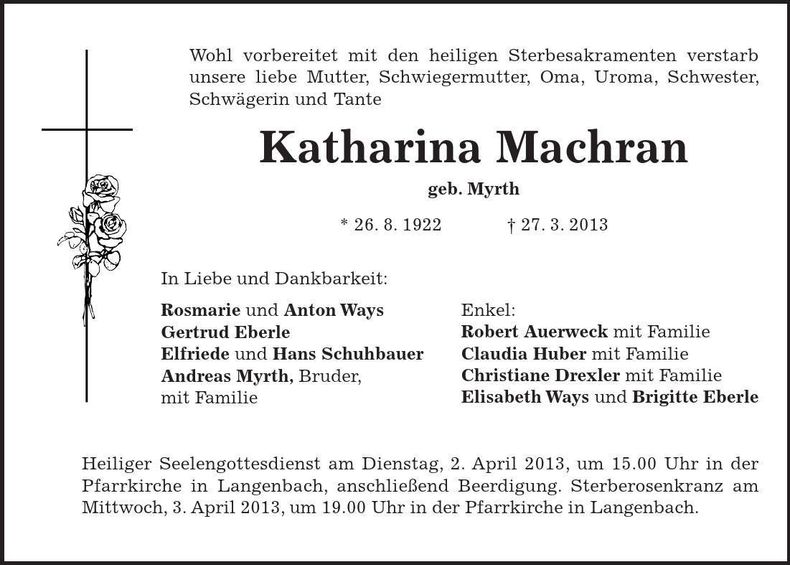 Traueranzeige Katharina Machran