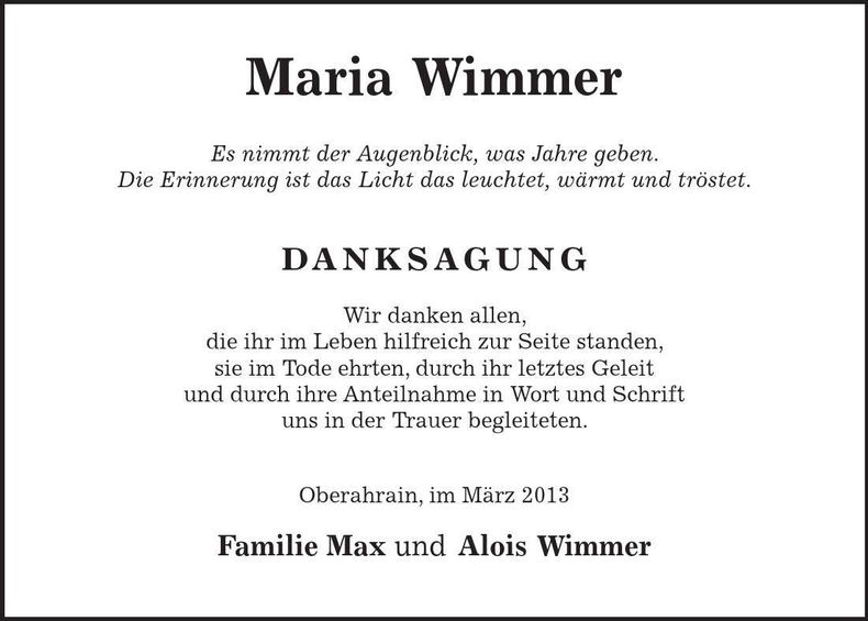 Traueranzeige Maria Wimmer
