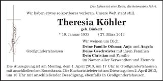 Traueranzeige Theresia Köhler