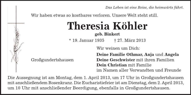 Traueranzeige Theresia Köhler