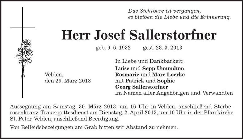 Traueranzeige Josef Sallerstorfner