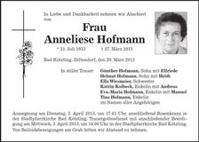 Traueranzeige Annelies Hofmann