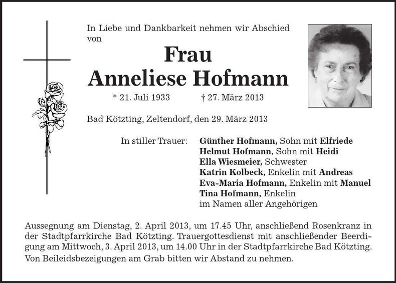 Traueranzeige Annelies Hofmann