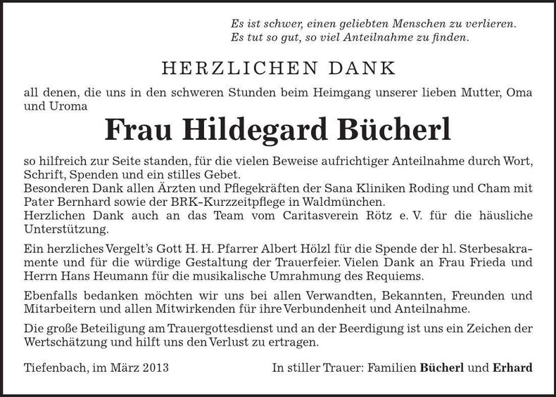 Traueranzeige Hildegard Bücherl