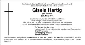 Traueranzeige Gisela Hartig