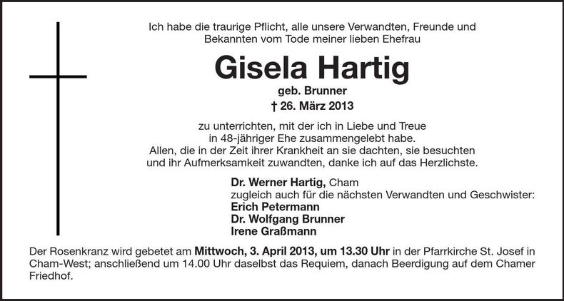 Traueranzeige Gisela Hartig