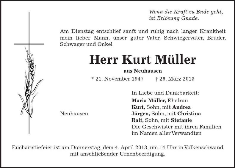 Traueranzeige Kurt Müller