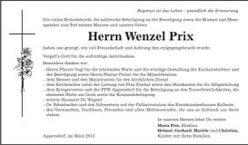 Traueranzeige Wenzel Prix