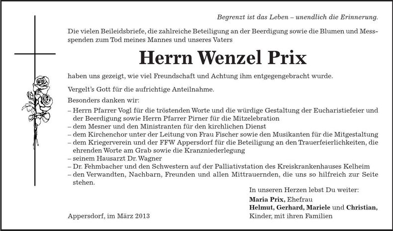 Traueranzeige Wenzel Prix