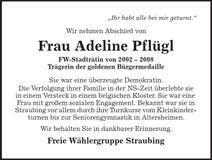 Traueranzeige Adeline Pflügl