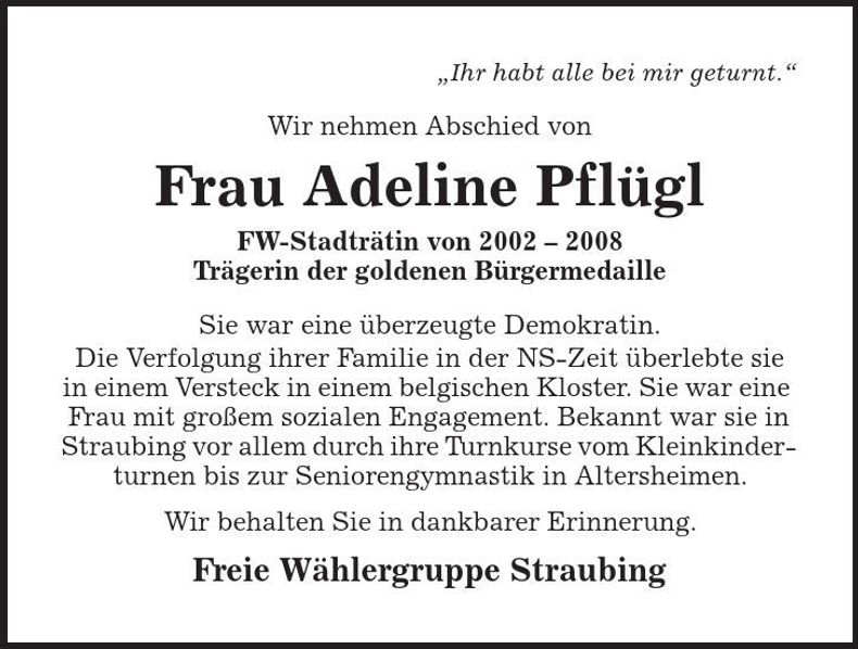 Traueranzeige Adeline Pflügl