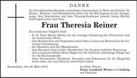 Traueranzeige Theresia Reiner