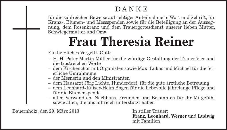 Traueranzeige Theresia Reiner
