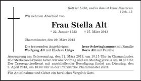 Traueranzeige Stella Alt