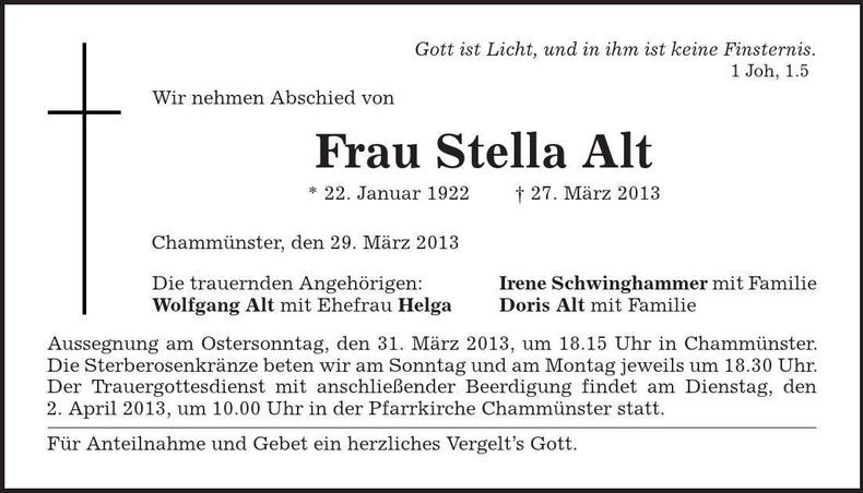 Traueranzeige Stella Alt
