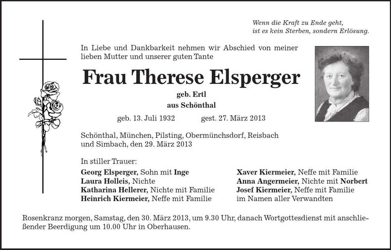 Traueranzeige Therese Elsperger