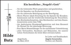 Traueranzeige Hilde Butz