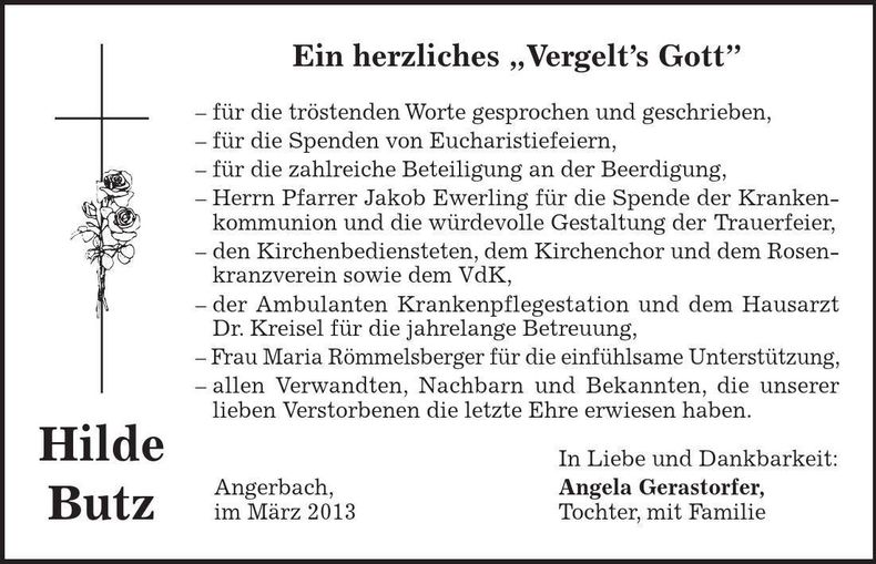 Traueranzeige Hilde Butz
