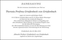 Traueranzeige Thereseia Freifrau Grießenbeck von Grießenbach