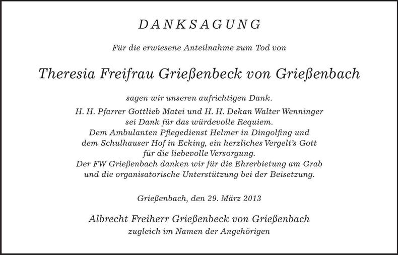 Traueranzeige Thereseia Freifrau Grießenbeck von Grießenbach