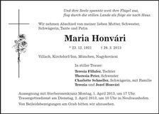 Traueranzeige Maria Honvári