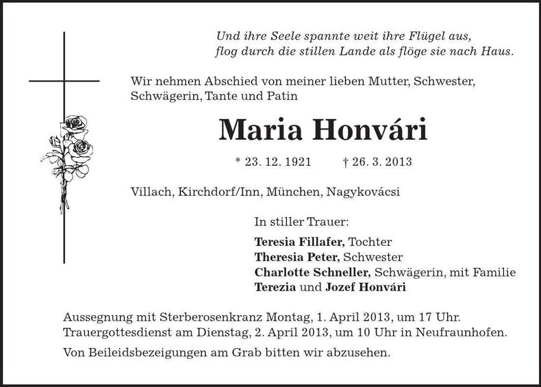 Traueranzeige Maria Honvári