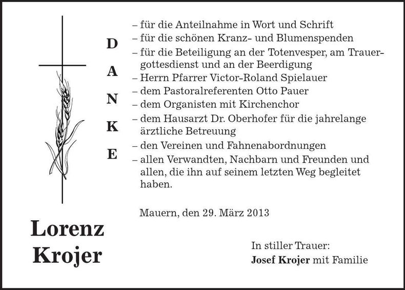 Traueranzeige Lorenz Krojer
