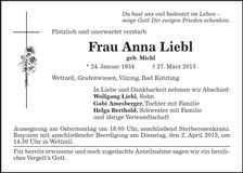 Traueranzeige Anna Liebl