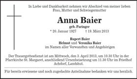 Traueranzeige Anna Baier