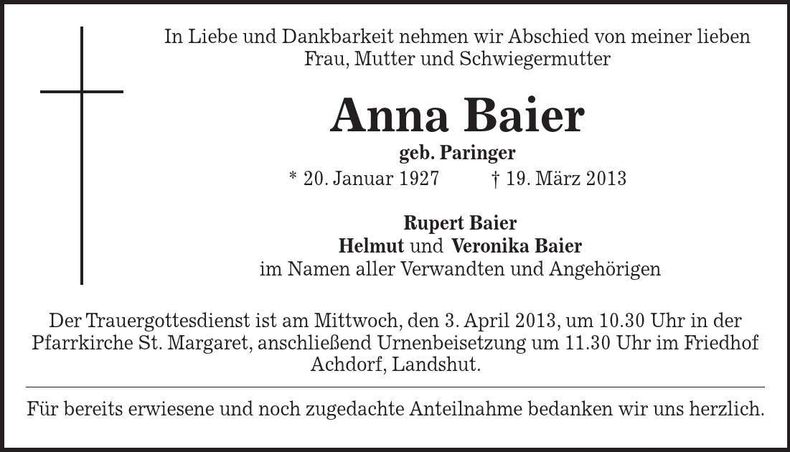 Traueranzeige Anna Baier