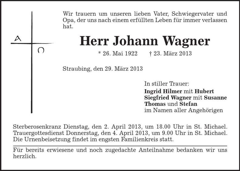 Traueranzeige Johann Wagner