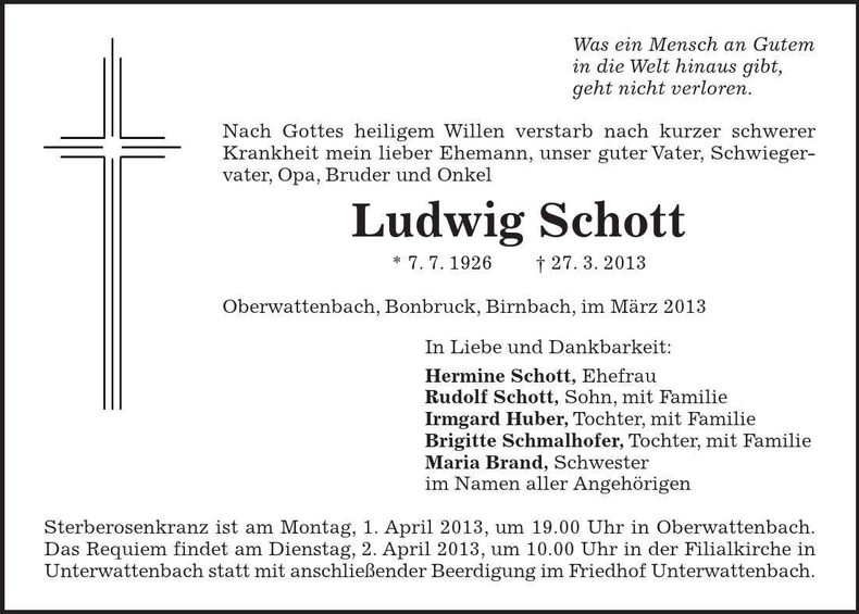 Traueranzeige Ludwig Schott
