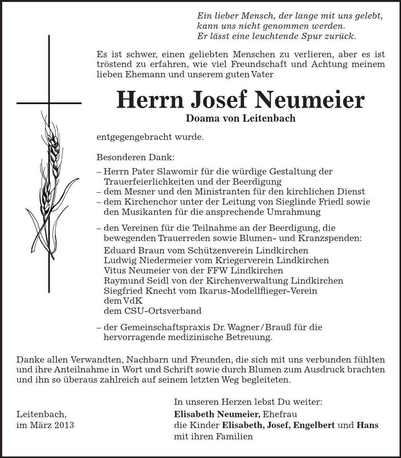 Traueranzeige Josef Neumeier