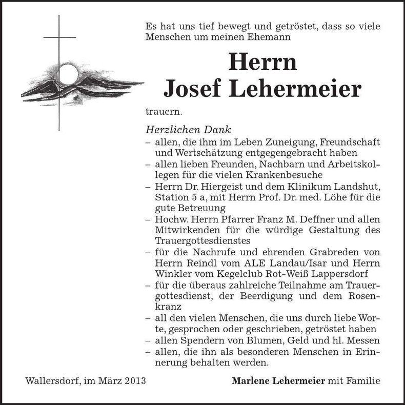 Traueranzeige Josef Lehermeier