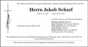 Traueranzeige Jakob Scharf
