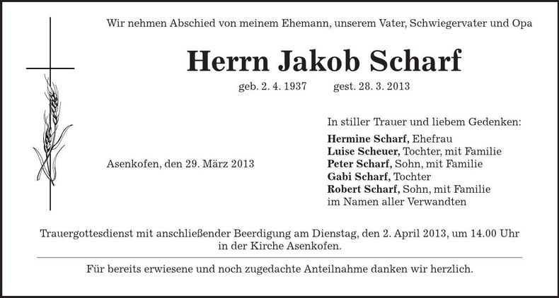 Traueranzeige Jakob Scharf