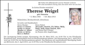 Traueranzeige Therese Weigel