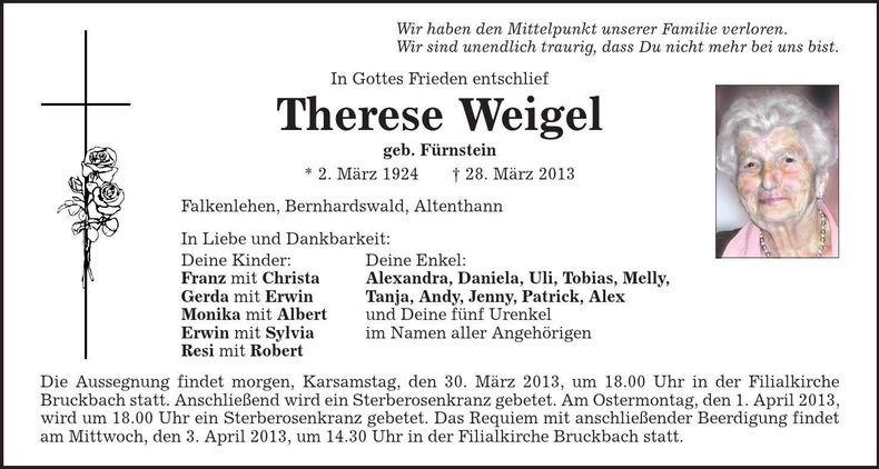 Traueranzeige Therese Weigel