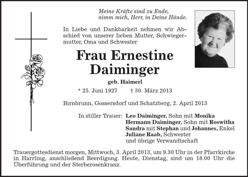 Traueranzeige Ernestine Daiminger