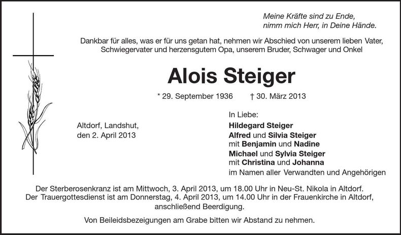 Traueranzeige Alois Steiger