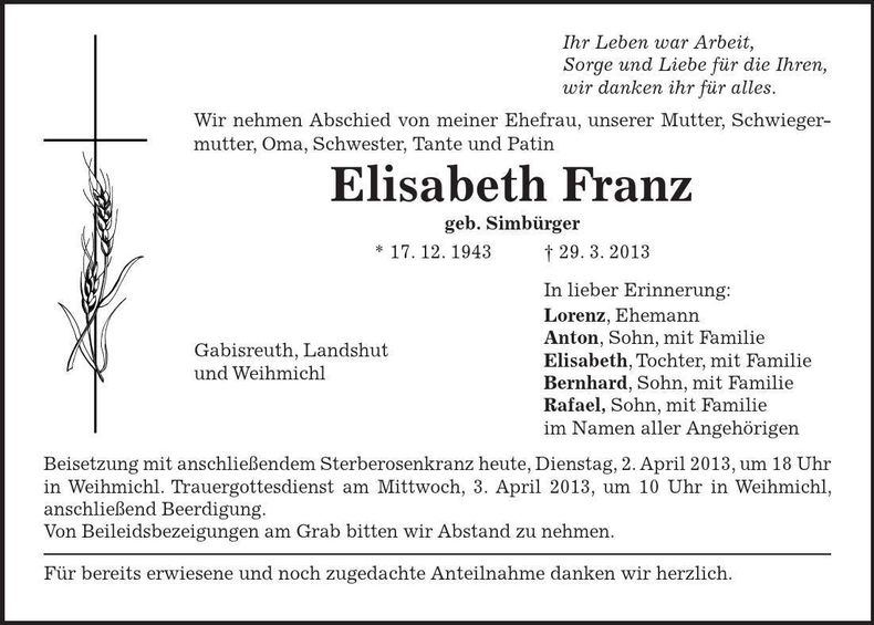 Traueranzeige Elisabeth Franz