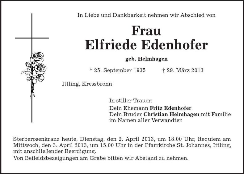 Traueranzeige Elfriede Edenhofer