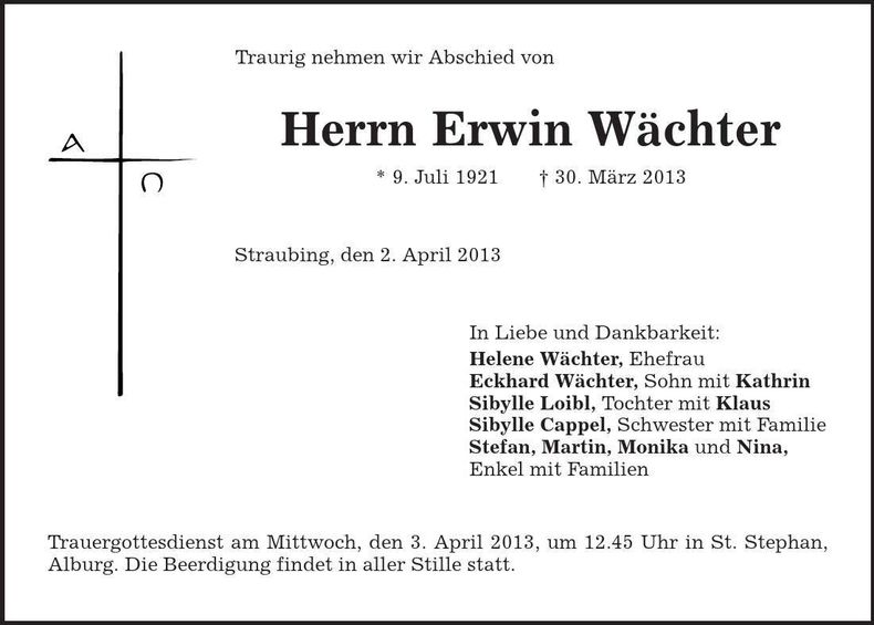 Traueranzeige Erwin Wächter