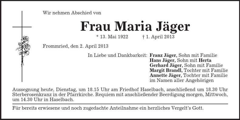 Traueranzeige Maria Jäger