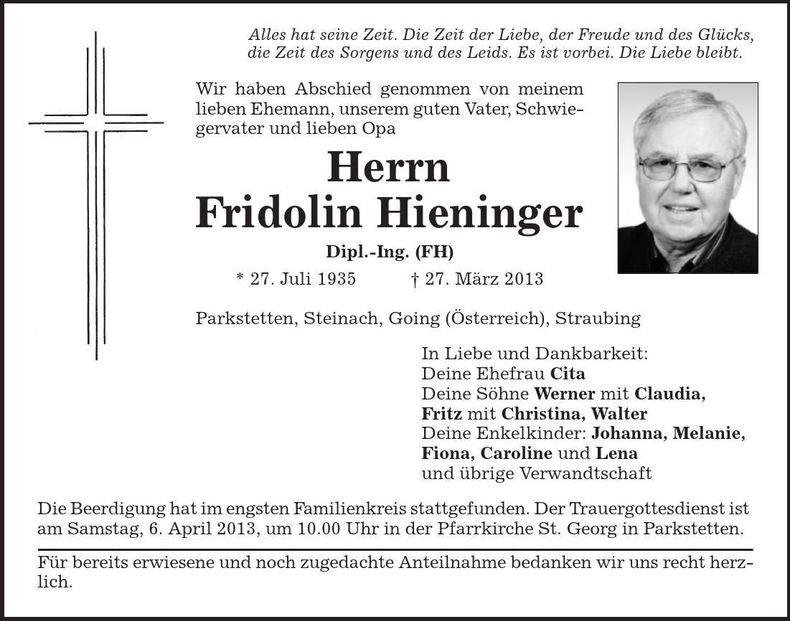 Traueranzeige Fridolin Hieninger
