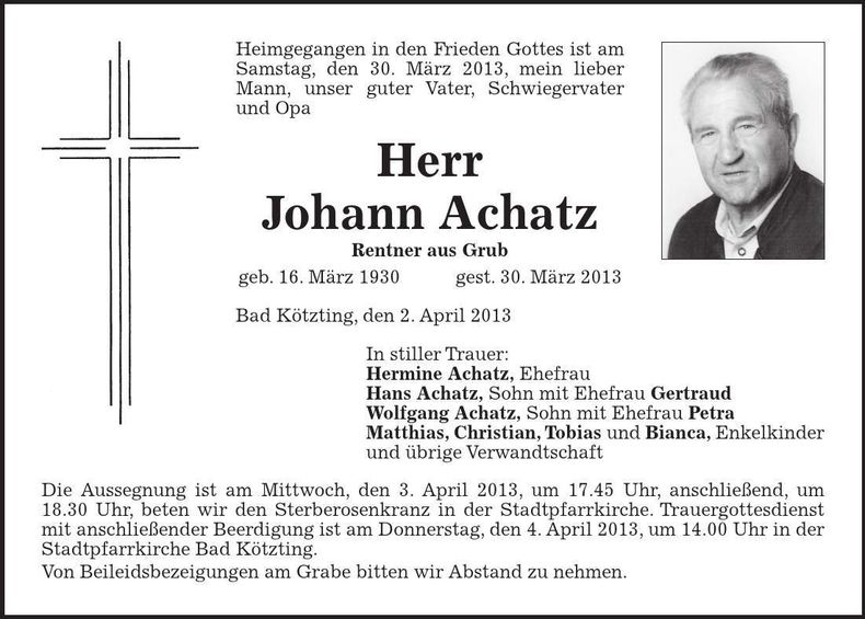 Traueranzeige Johann Achatz