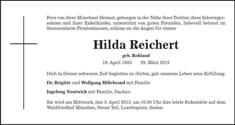 Traueranzeige Hilda Reichert
