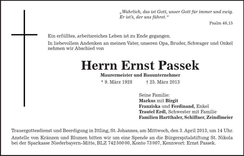 Traueranzeige Ernst Passek