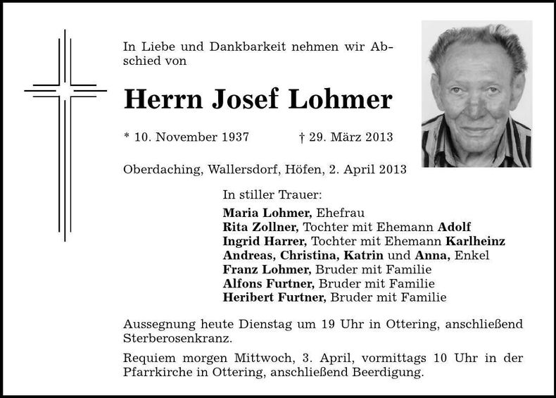 Traueranzeige Josef Lohmer